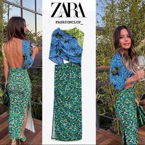 NWOT- Zara blue and green floral dress with slit- size S